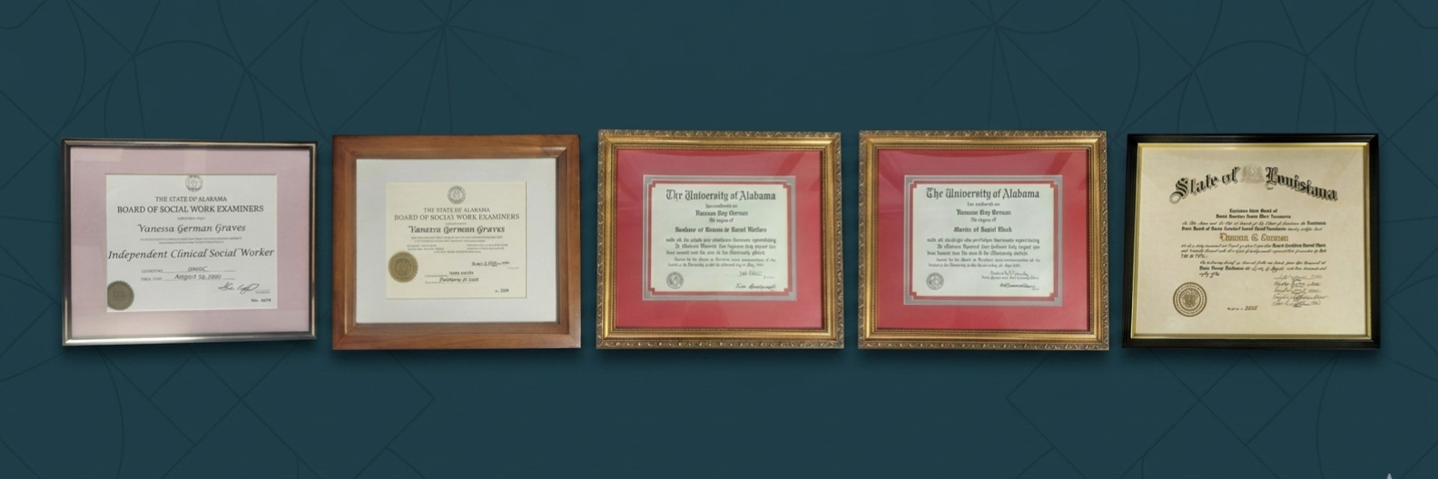 Vanessa Graves professional licenses and certifications on wall